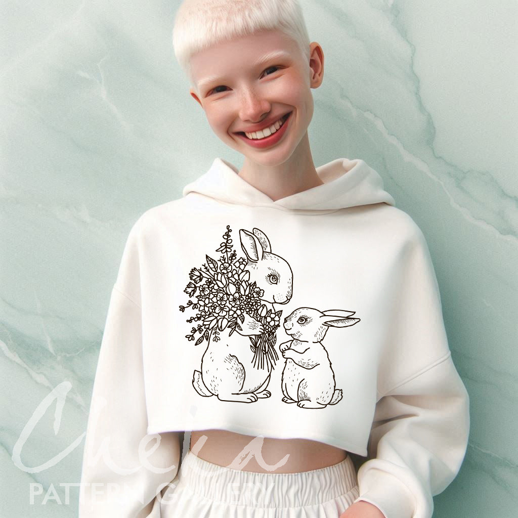 bunny hoodie, Mother's Day embroidery pattern pdf,two cute rabbits with flowers,Mother's Day gift, hand embroidery pattern for Mother's Day,flower pattern