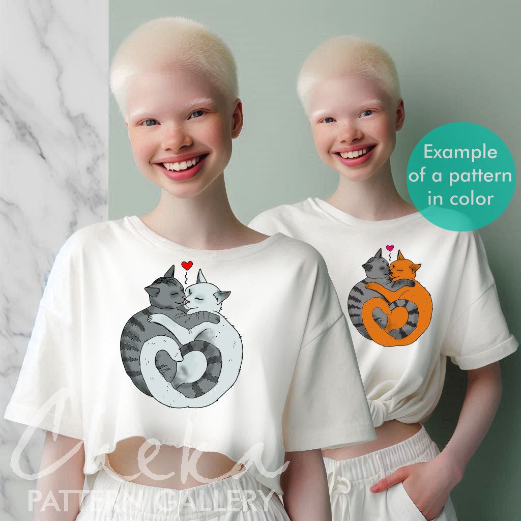 t-shirt, Sleeping cats, embroidery pattern. A pair of cute sleeping cats. Cat love pattern,pet embroidery. Cat portrait, pet lover embroidery pattern