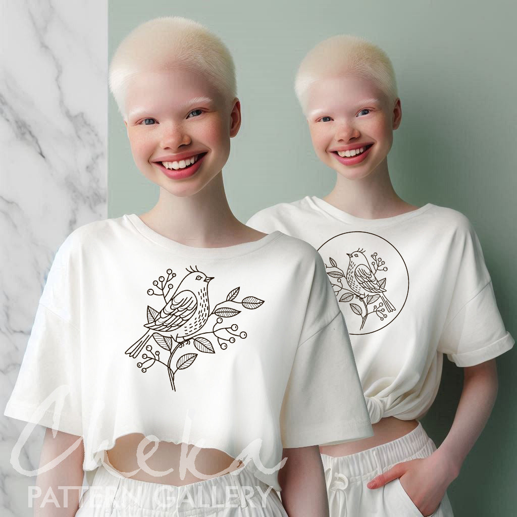 bird t-shirt, Bird embroidery pattern PDF, Digital embroidery scheme in PDF format, Flower point embroidery design, Flower bouquet, Hand embroidery bird