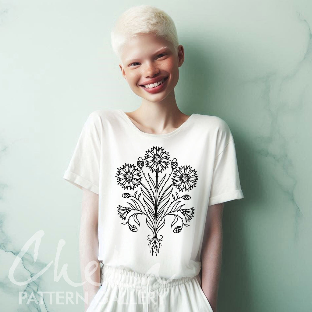 white woman t-shirt, Blue Cornflower, embroidery pattern. Decorative embroidery cornflower pattern. A pattern for decoration in a rural style, hand embroidery.