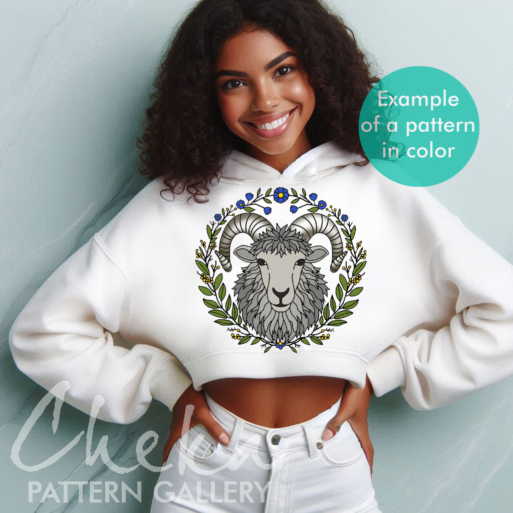 bighorn hoodie, A sheep, pattern for hand embroidery with a ram's head. Design for hand embroidery with bighorn. Curly sheep with flowers, digital download