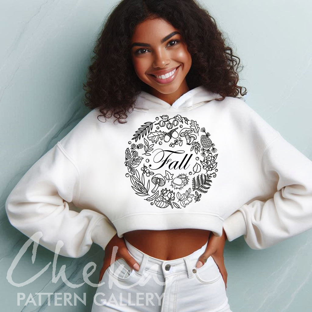 woman fall embroidered hoodie, Autumn botanical embroidery, floral pattern for hand embroidery. An embroidery calendar. Autumn embroidery pattern. Simple embroidery pattern