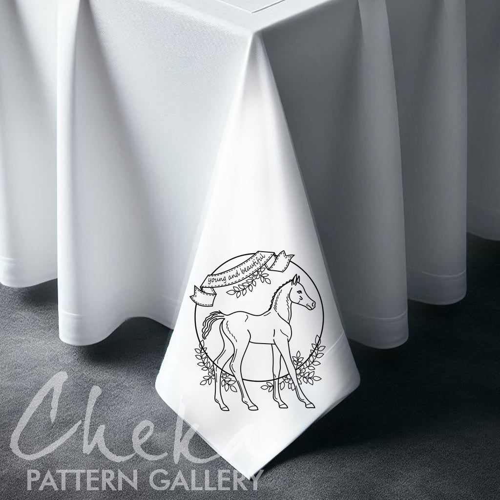 embroidered tablecloth, Foal Embroidery, Foal embroidery pattern. A baby horse with flowers, a simple pattern for hand embroidery