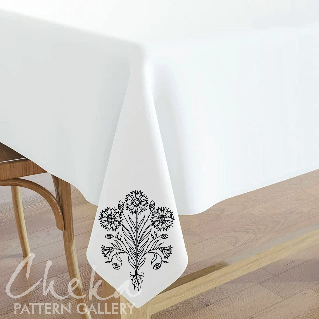 cottage style tablecloth, Blue Cornflower, embroidery pattern. Decorative embroidery cornflower pattern. A pattern for decoration in a rural style, hand embroidery.