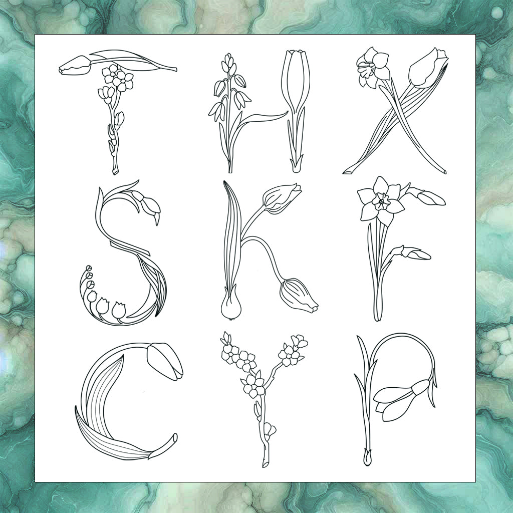 Spring Alphabet, Set of 26 hand embroidery letters. Hand embroidery pattern with Spring Flowers and Blossom. Floral Monogram,modern hoop art