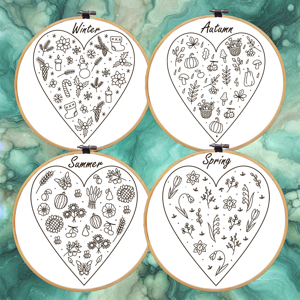 Set of 4 Seasons Hearts Hand Embroidery Pattern. Heart Four Seasons embroidery, Modern Hand Embroidery Pattern. Digital download, DIY crafts