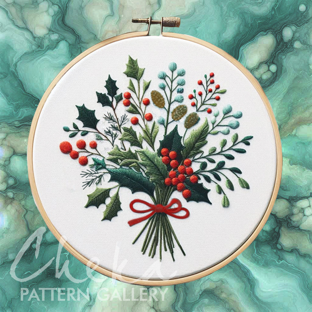 Holly and mistletoe, Christmas hand embroidery pattern. Holly Bouquet, pattern for tablecloth. Christmas Botanical Embroidery, Holly Berries