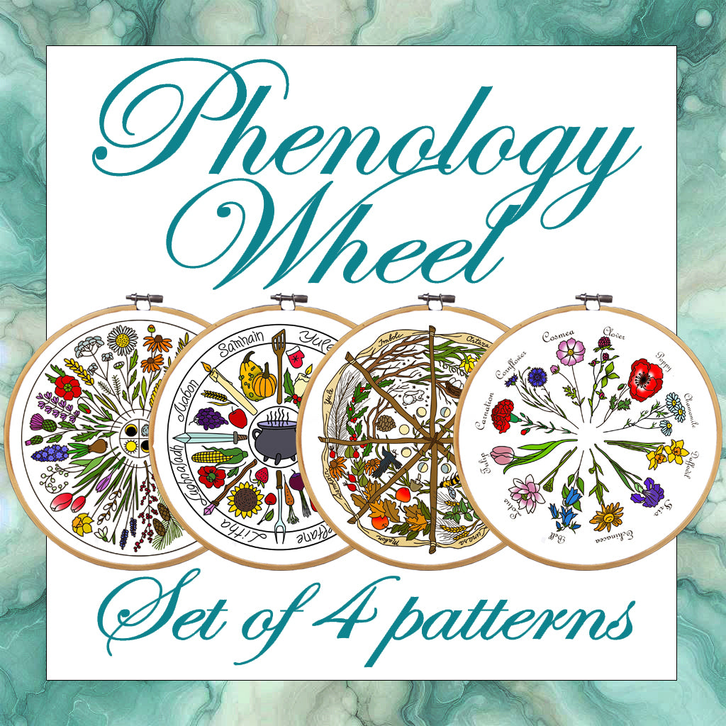Calendar Embroidery bundle, Phenology Wheel, Set of 4 hand embroidery patterns. PDF Embroidery calendar. Yule, Mabon, Samhain, Ostra, Imbolc