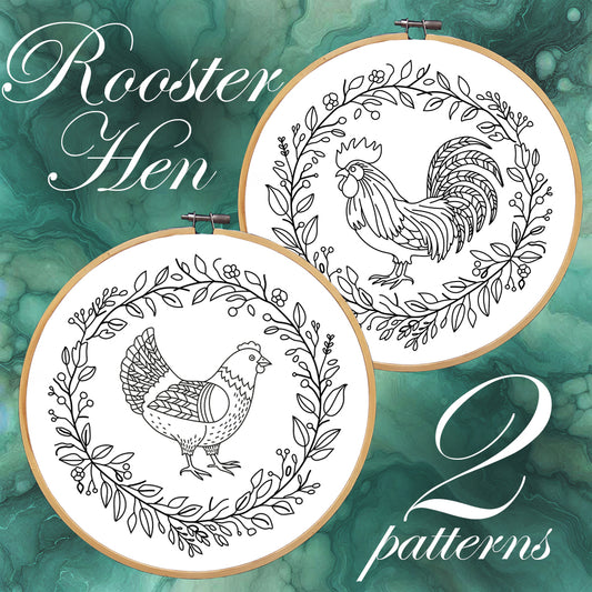 Embroidery kit, set of 2 hand embroidery patterns with Rooster and Hen. Chickens among flowers, Cottage embroidery,Village Embroidery Design