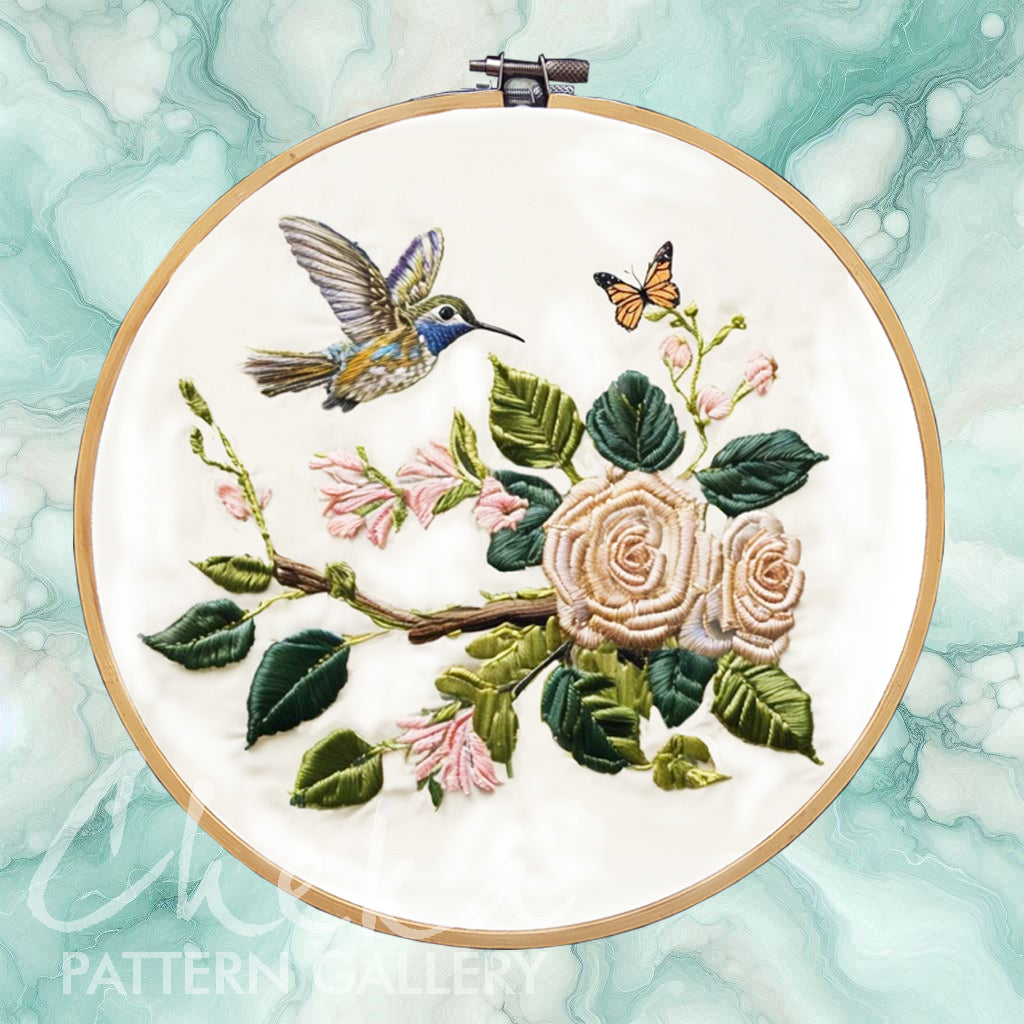 Hummingbird Embroidery Pattern, Floral embroidery, flower & Bird Pattern, Hand Embroidery PDF, Wildlife Embroidery, roses, garden embroidery