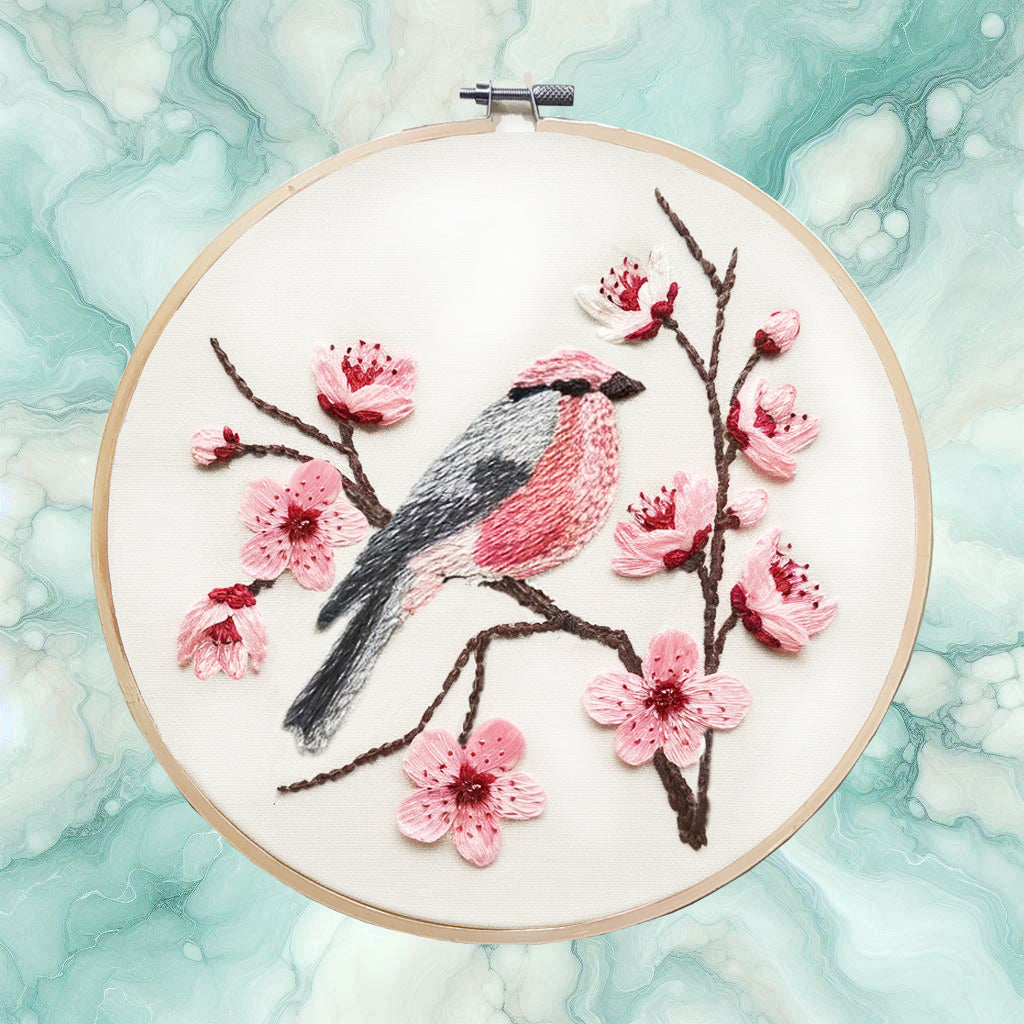 Spring bird, embroidery blueprint. Pink Bird and flowers, Spring embroidery project. Hand Embroidery Pattern PDF, Instant Download, hoop art