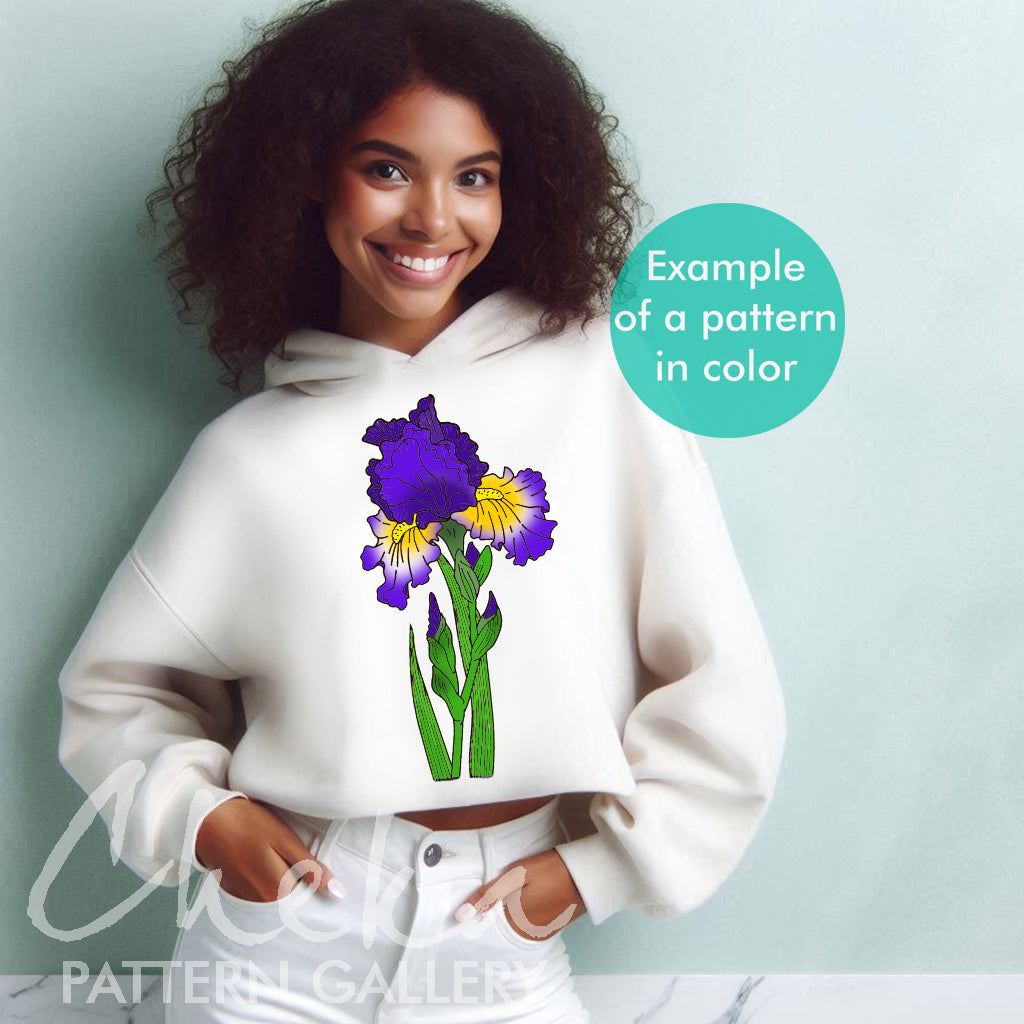 woman hoodie iris flower, Floral embroidery, iris pattern. Botanical embroidery, beautiful iris flower. Digital pattern for hand embroidery.