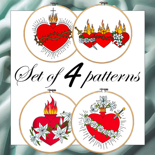 Holy Family Hearts, Sacred Heart Of Jesus pattern, Immaculate, Chaste Heart, Catholic Symbols, Instant Digital Download. Christian Hoop Art