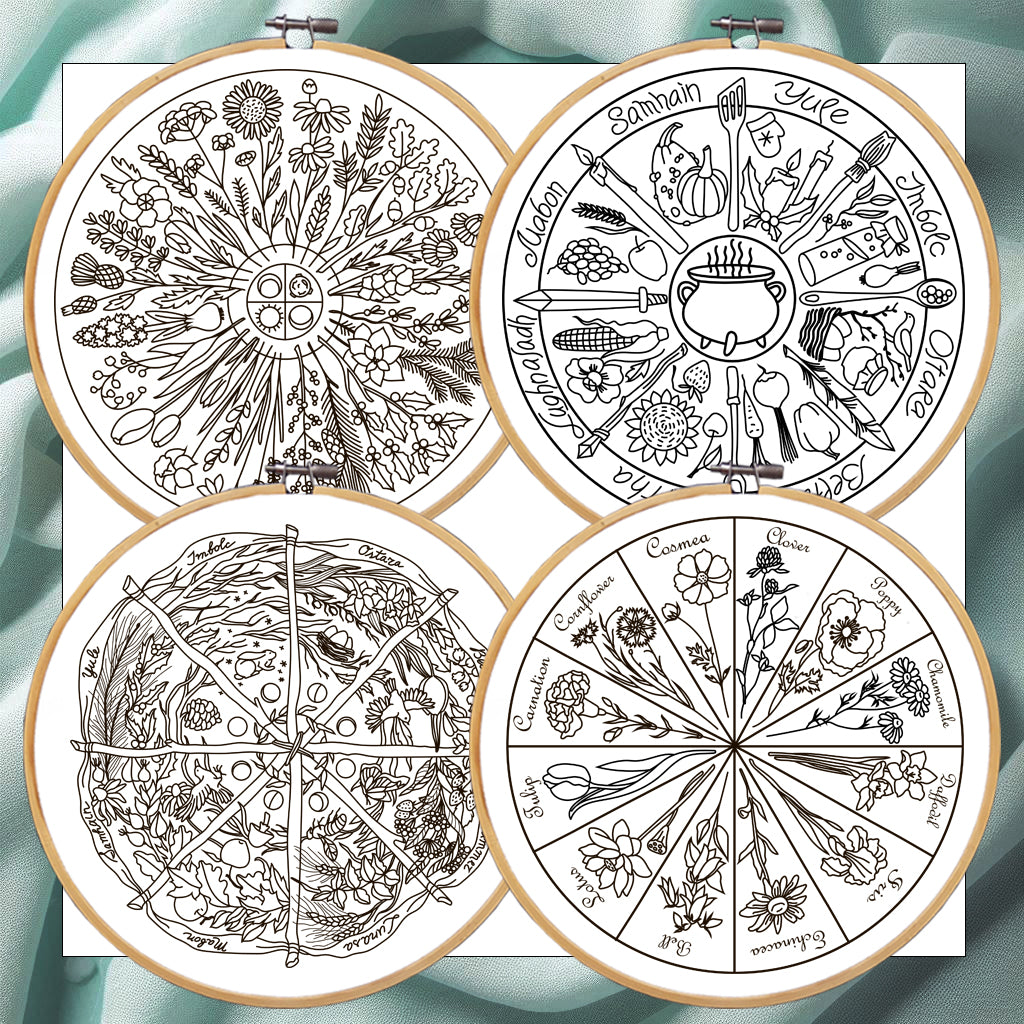 Calendar Embroidery bundle, Phenology Wheel, Set of 4 hand embroidery patterns. PDF Embroidery calendar. Yule, Mabon, Samhain, Ostra, Imbolc