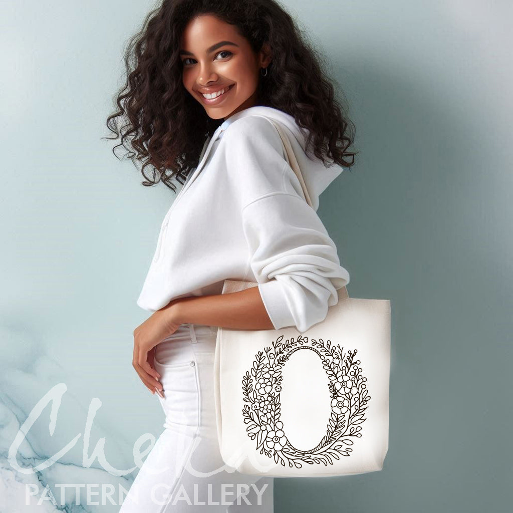 embroidered shopper, Floral monogram.  Floral letter embroidery. Floral alphabet embroidery, letter embroidery pattern. Hoop art, The letter "O" digital pattern