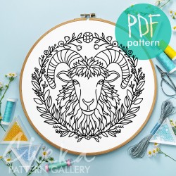 A sheep, pattern for hand embroidery with a ram's head. Design for hand embroidery with bighorn. Curly sheep with flowers, digital download A sheep, pattern for hand embroidery with a ram's head. Design for hand embroidery with bighorn. Curly sheep with flowers, digital download
