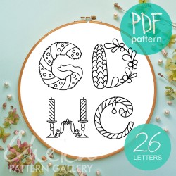 Christmas Alphabet, Set of 26 letters for hand embroidery. Hand embroidery pattern with holiday things. Christmas Monogram, winter hoop art
