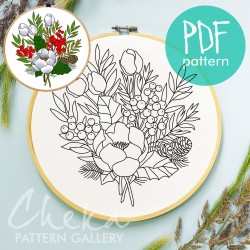 Christmas Bouquet Hand Embroidery Pattern with Holly, Christmas Flower. Poinsettia and Pinecones, Christmas Embroidery Art, DIY Holiday Gift