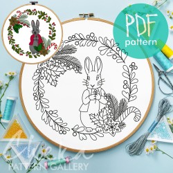 Christmas Bunny embroidery, Cute holiday rabbit, hand embroidery pattern. Holly and mistletoe, Christmas Holly Wreath, Winter DIY project