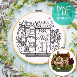 Cottage Hand Embroidery Template, House with garden. Embroidery Pattern PDF, Cottagecore Cottage Hand Embroidery Template, House with garden. Embroidery Pattern PDF, Cottagecore