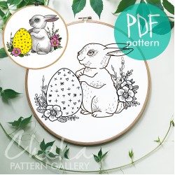 Easter bunny, hand embroidery pattern. Easter egg with flowers. Easter pattern PDF, floral embroidery template. Spring embroidery pattern