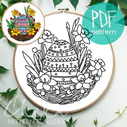 Easter egg hand embroidery pattern, pattern for hand embroidery pdf, Easter egg in nest with flowers, Spring embroidery, spring flowers PDF