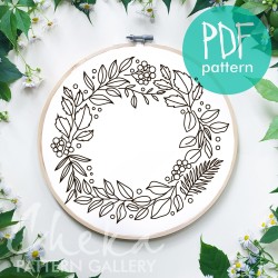 Floral embroidery pattern, garden embroidery. A wreath with wild berries and leaves. Beautiful handmade pattern for hand embroidery PDF. Floral embroidery pattern, garden embroidery. A wreath with wild berries and leaves. Beautiful handmade pattern for hand embroidery PDF.