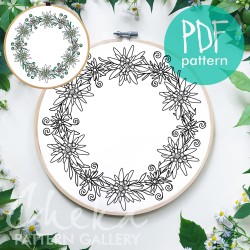 Floral embroidery with edelweiss. Alpine mountain flower. Floral embroidery, hand embroidery pattern.Simple embroidery, Beginner embroidery. Floral embroidery with edelweiss. Alpine mountain flower. Floral embroidery, hand embroidery pattern.Simple embroidery, Beginner embroidery.