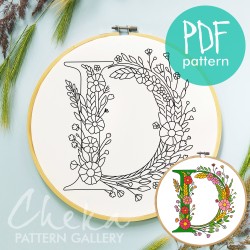 Floral Letter Embroidery Pattern, "D" letter pattern, Instant Digital Download, Letter Hand Embroidery Design with Flowers, Floral Monogram