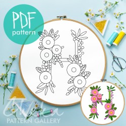 Floral Letter Embroidery Pattern, "H" letter pattern, Instant Digital Download, Letter Hand Embroidery Design with Flowers, Floral Monogram