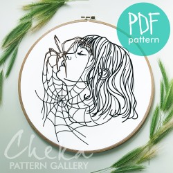 Gothic pattern. The girl with the spider, embroidery for Halloween. Gothic pattern for hand embroidery. The Kiss of Death Gothic pattern. The girl with the spider, embroidery for Halloween. Gothic pattern for hand embroidery. The Kiss of Death