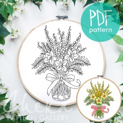 Mimosa and daffodils, Spring embroidery pattern, Easter flowers. Hand embroidery pattern, Spring bouquet. Easter embroidery template PDF