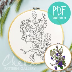 Pussy willow and violets, spring bouquet. Hand embroidery pattern. Easter embroidery,  flowers and hazelnuts. Spring embroidery template PDF